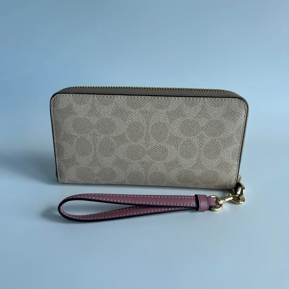 Coach Long Zip Around Wallet Khaki Berry Signature Canvas C4452